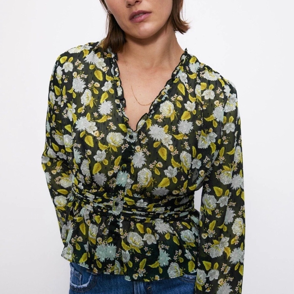 ZARA PRINTED PLUMETIS BUTTON LONG SLEEVE V-NECK BLOUSE SIZE‎ XS ELASTIC WAIST
